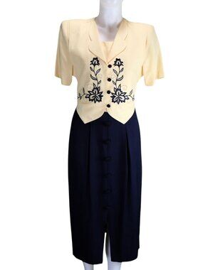Vintage Miss Dorby Jacket Dress 10 Navy Yellow Embroidered Floral 90s Faux Layer